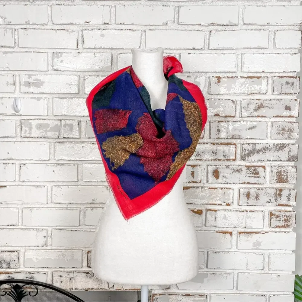 Vintage 80s Eddie Bauer Wool Red Blue Yellow Green Fall Leaf Italy Scarf